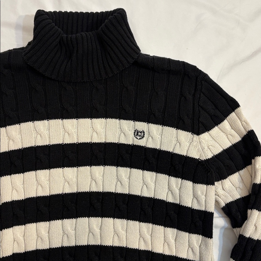 VTG 100% Cotton Classic Black and White Stripe Cable Knit Turtleneck Sweater, L